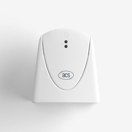 A vertical smart card reader photographed from above at a slight angle