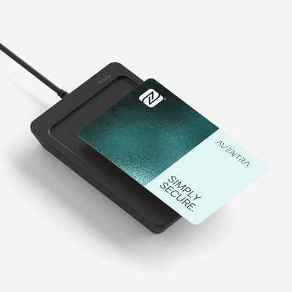 An Aventra smart card is being tapped on an RFID reader