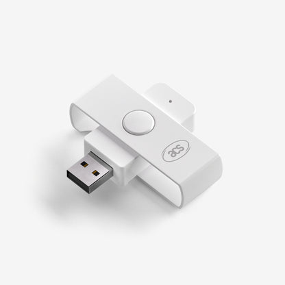 An USB-sized card reader photographed from above at a slight angle