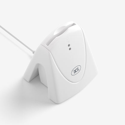 A vertical smart card reader photographed from above at a slight angle