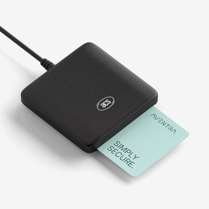 A card reader with an Aventra smart card inserted inside