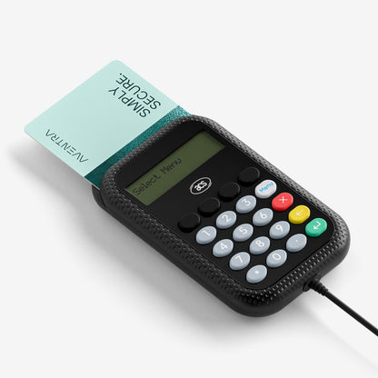 A card reader with an Aventra smart card inserted