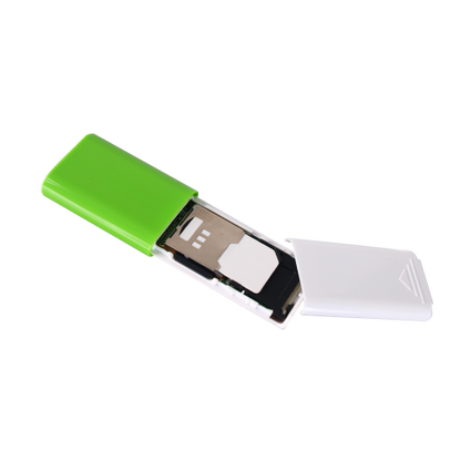 A SIM card reader with the cover removed, viewed at an angle, showing the SIM card slot and internal components